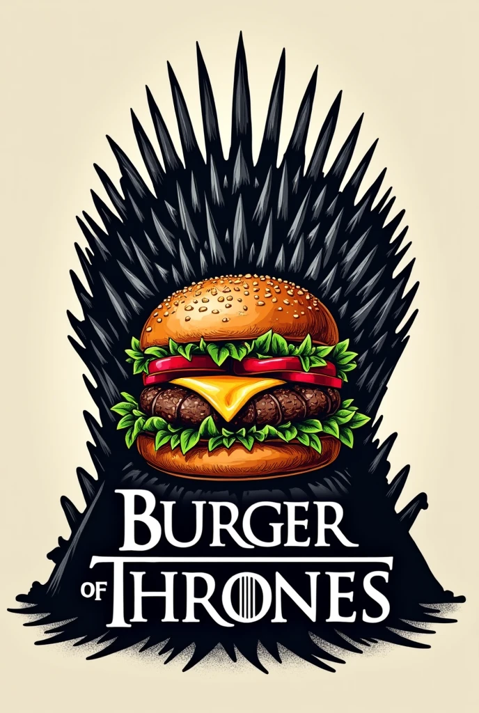 CREATE A LOGO WITH A BURGER IN A DRAWING WITH THE THEME AND FONT OF THE GOT SERIES WITH THE NAME BURGER OF THRONES WITH AN IRON THRONE ON IT