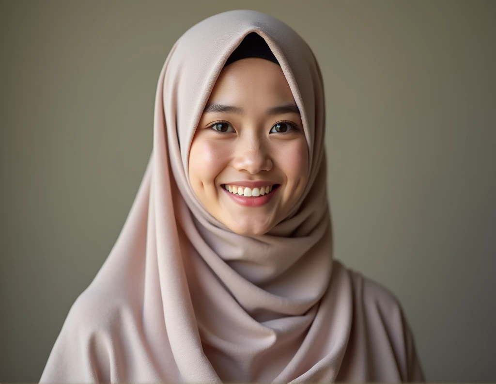 malaysian girl wearing hijab, beautiful face smiles sweetly, naked, without clothes, small breasts