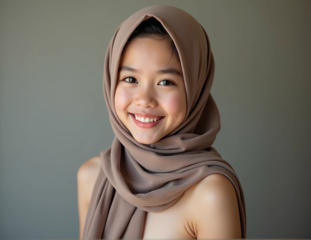malaysian girl wearing hijab, beautiful face smiles sweetly, naked, without clothes, small breasts