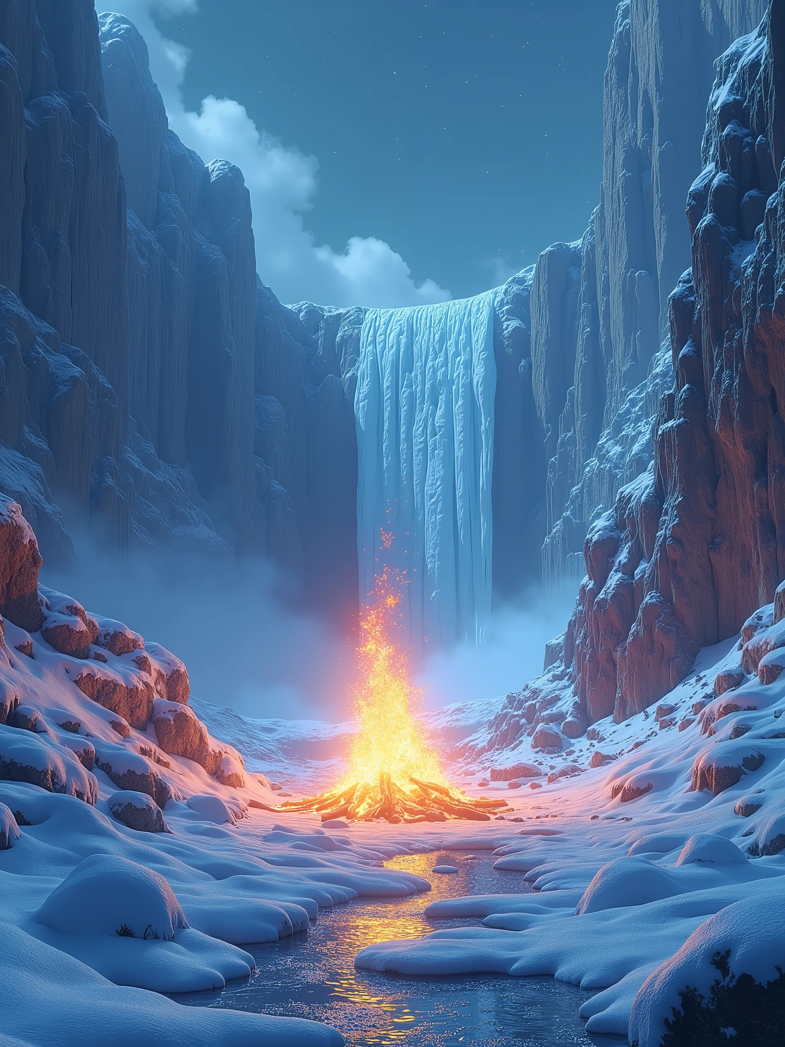 An icy landscape under a starlit sky, where a magnificent frozen waterfall flows over a cliff. In the center of the scene, a fire burns bright, its flames seemingly frozen in place, casting a shimmering glow on the surrounding ice and snow.