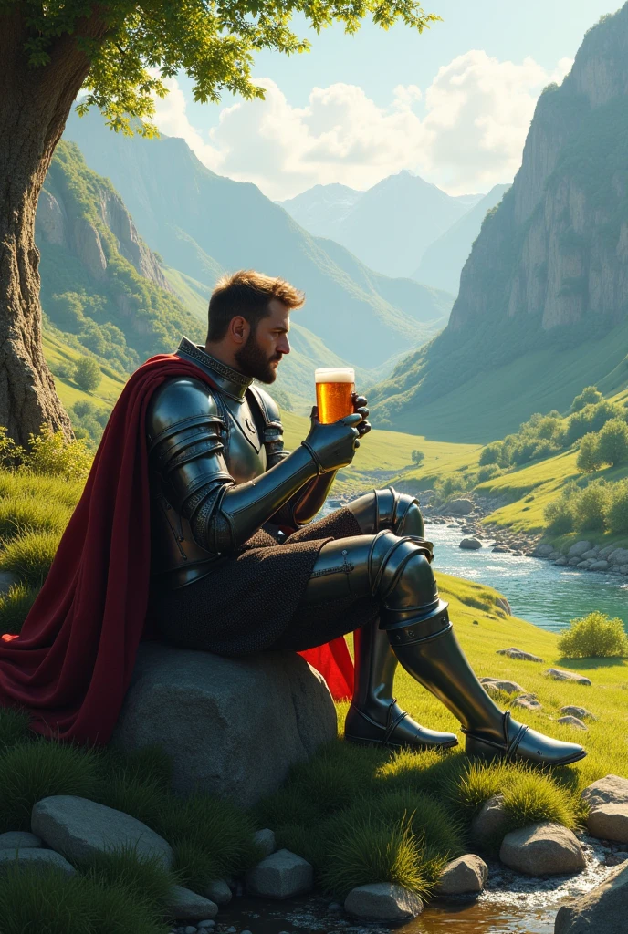 A Knight sitting in a valley while holding beer
