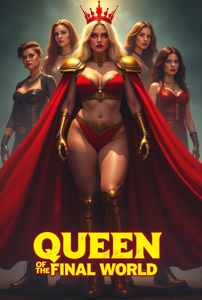 High quality, 1990s sci-fi movie poster, titled “Queen of the Final World” in bold large Yellow text on top.  In the center is a (5), tall chubby ((Jewish Woman)), wide chin, glowing red eyes, dramatic dramatic pose, broad shoulders, wide hips, thick thighs, blonde hair, red crown, golden shoulder pads, skintight, plunging neckline, (bare midriff), thigh-high boots, red cape.  The background has five headshots of other actors tightly staggered besides each other. 