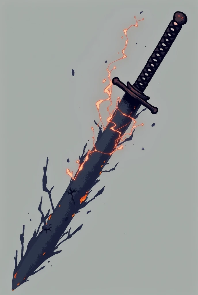 create a one black katana that has a same 2d graphics  of ninja saga plain background with horizontal position with black flames on blade and add some cracks on blade and add lightning 