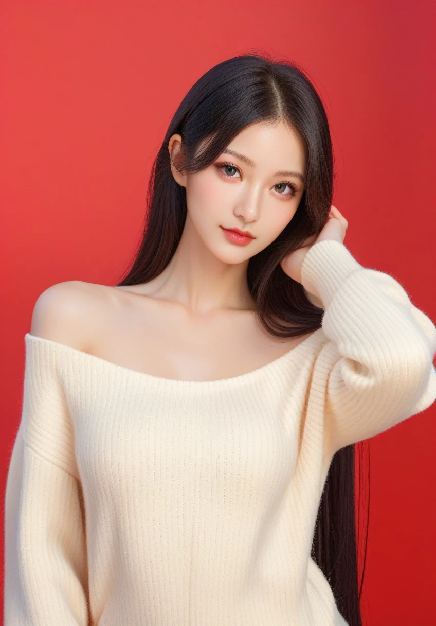 ,score_9,score_8_up,score_7_up, 20 years old, 8k, hd, beautiful girl, black hair, very long hair, straight hair, closed mouth,
1girl, detailed face, beautiful woman's face, sweater, red background, looking at viewer,