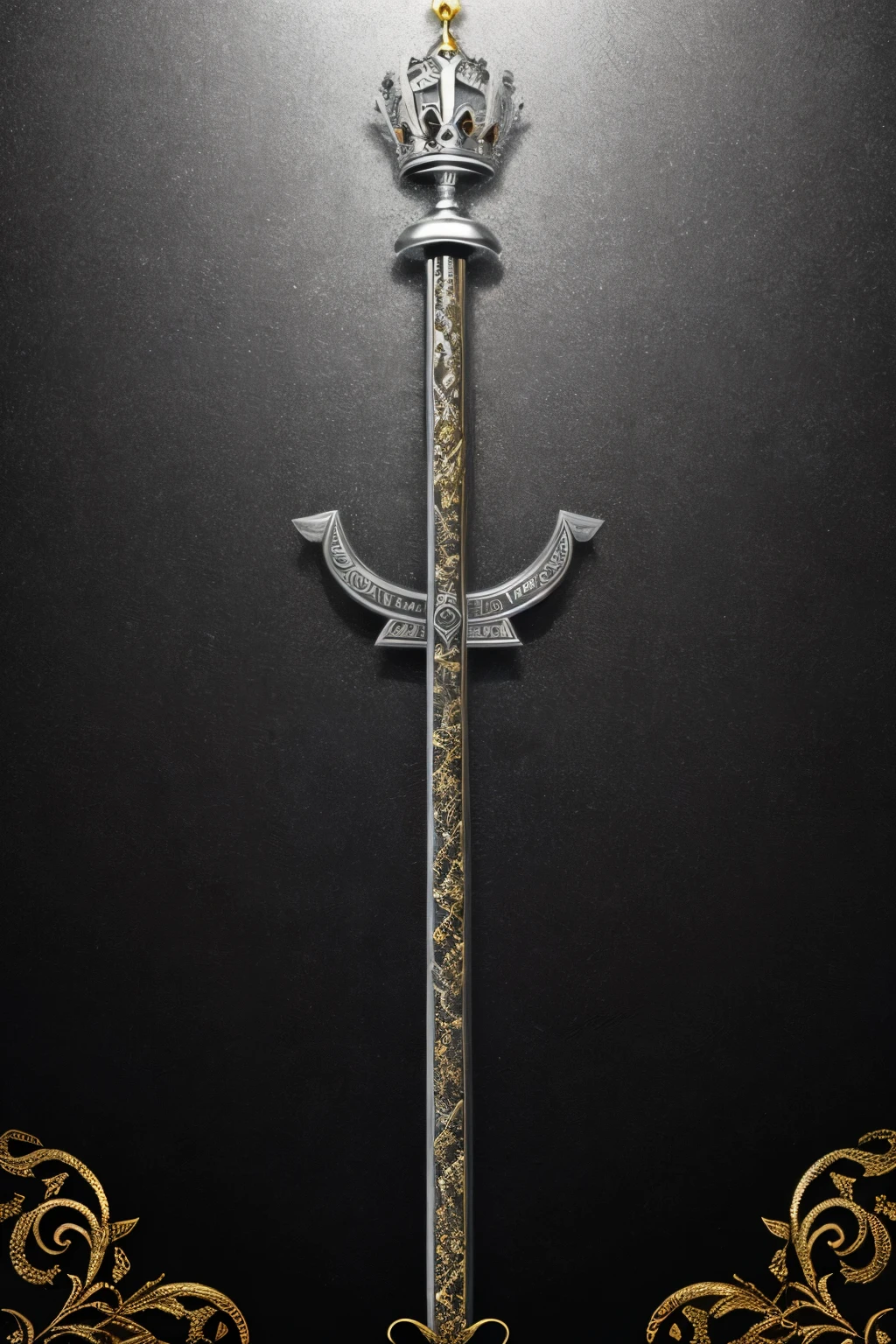 Photograph of a silver background,with a crown in the middle made of gold and black stones. An iron sword cuts the crown in half