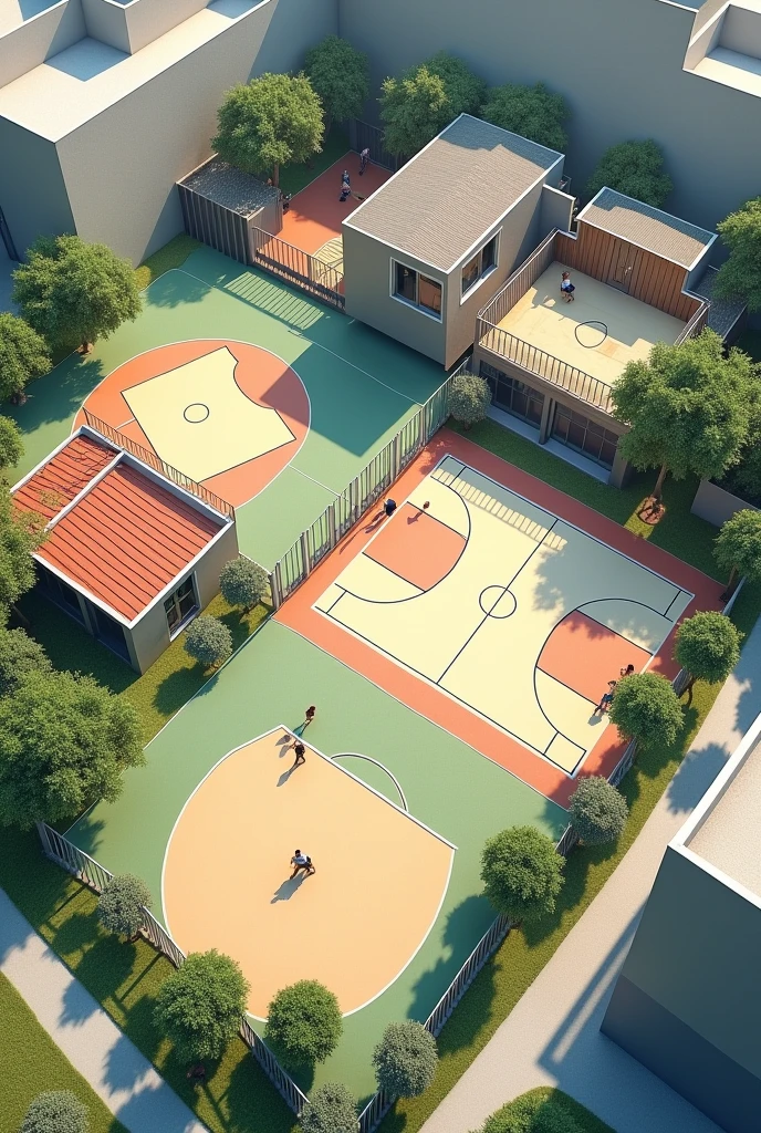 architectural plan of an outdoor sports center with 3x3 basketball court, neighborhood gym without outdoor coverage, arena with fixed bars and simple equipment for exercise with body weight calisthenics, beach volleyball court and reading space, all in one large space






