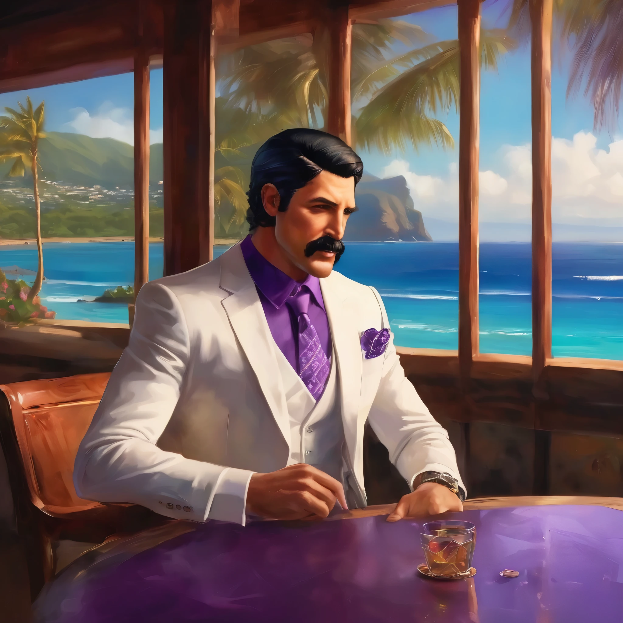 (obra maestra, Mejor calidad:1.2), 1 chico, thenahualli, serious, dangerous man, elegant, elegante, white suit, purple shirt, sit, luxury restaurant, views of the sea in background, big windows, indoor, Hawaii, (((realistic, detailed, photorealistic)))