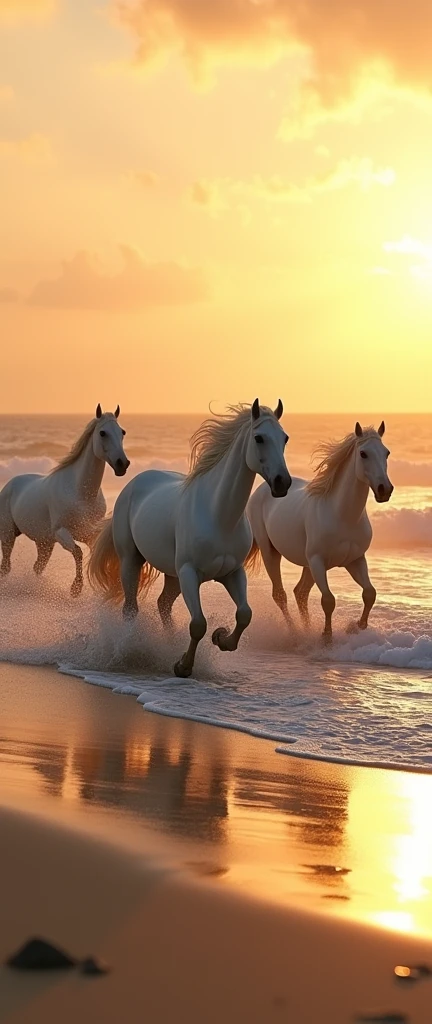 golden hour scene, 5 white horses running through the waves on a beach, fine details, masterpiece, backlit, super contrast, micro contrast,
