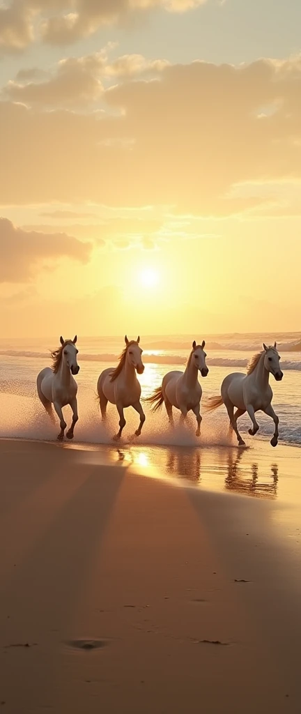 golden hour scene, 5 white horses running through the waves on a beach, fine details, masterpiece, backlit, super contrast, micro contrast, 