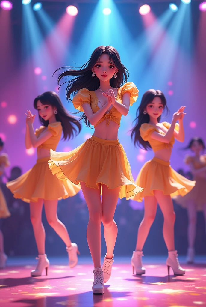 Make me some 2d animation photos of some Korean girls dancing on stage