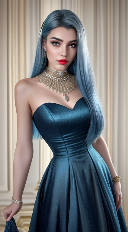 Best quality at best, masterpiece, tall_resource, girl, hair adornments, choker necklace, jewely, beautiful detailed face, With gray eyes, red full lips, Hefty Smile, Facial makeup, blue hair,
long whitr hair, International fashion, high wear, The whole body covered with, tightly dress, full body detailing, Effect, Multiplicity, Real photos, edge lit, Two-tone lighting, (highdetailskin: 1.2), 8k ultra high definition, SLR camera, gentlesoftlighting, high qulity, Volumetriclighting, Frankness, photography of, A high resolution, 4K, 8K, bokeh, middling, absurd res,