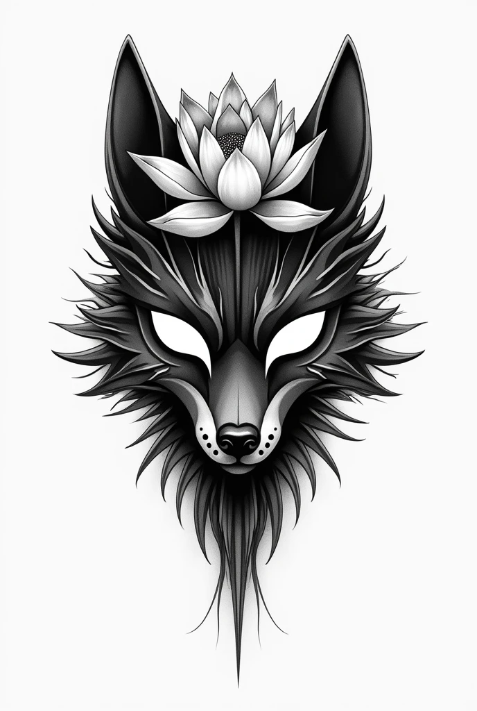 Lotus flower and kitsune mask tattoo without color