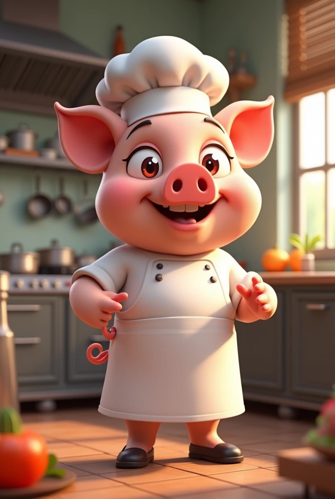 Animated piggy woman dressed as a chef