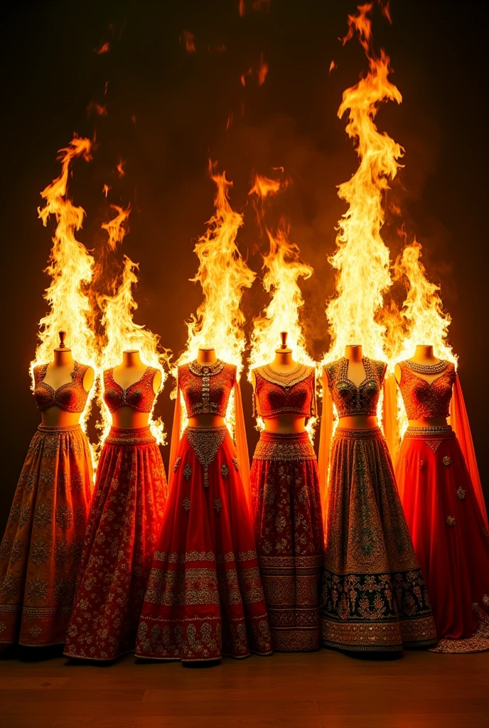 Seven lehengas in seven different designs on Mannequin are Burning in fire