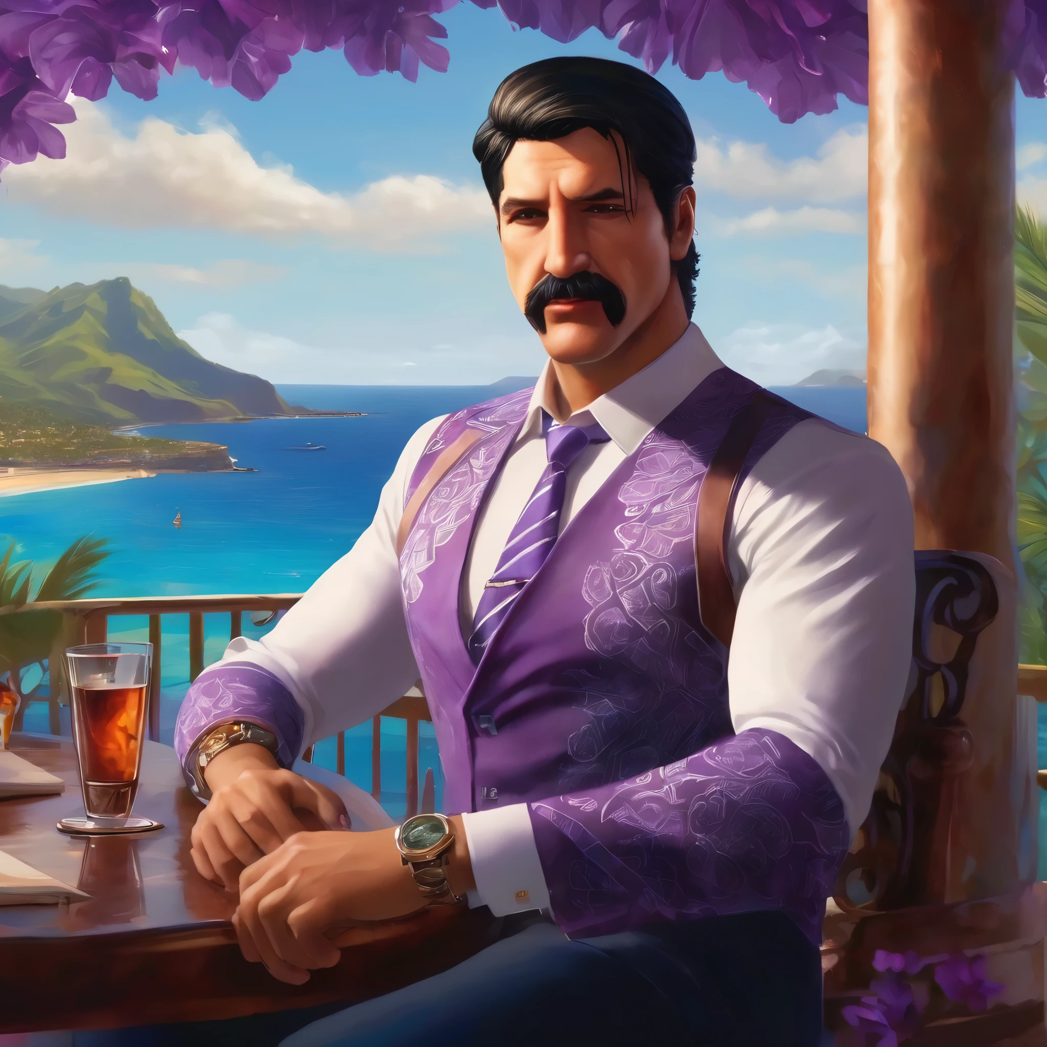 (obra maestra, Mejor calidad:1.2), 1 chico, thenahualli, serious, dangerous man, elegant, elegante, white suit, purple shirt, sit, luxury restaurant, views of the sea in background, big windows, indoor, Hawaii, (((realistic, detailed, photorealistic)))