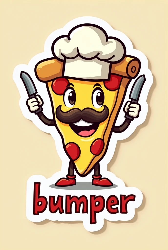 Sticker of a slice of pizza with a mustache and a chef&#39;s hat with feet and hands with chef&#39;s knives. What does it say? "BUMPER"
Cool Happy Not tender Not anime
