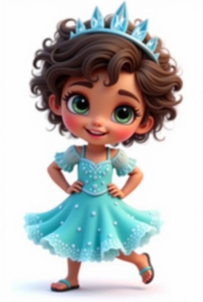 Create a high-quality, high-definition (HD) kawaii-style image with vivid colors and sharp lines. The image should include: A girl, standing with her hands on her waist, dancing with olive skin and dark brown hair with many curls and very short, at ear level, she wears an ice crown. leaf green eyes, happy and expressive. She is wearing a light blue dress with small sparkling stones, inspired by the character Elsa from the movie "Frozen". The girl is smiling and looking at the camera, she must appear full body with her hands on her waist.
The image must have a white rendered background.