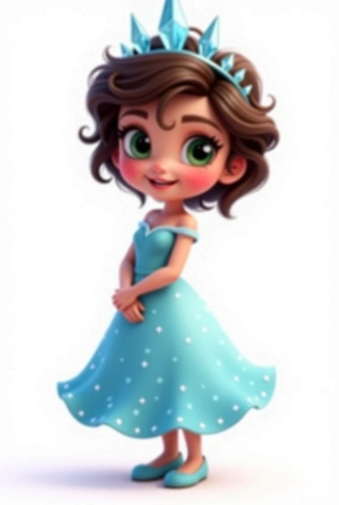 Create a high-quality, high-definition (HD) kawaii-style image with vivid colors and sharp lines. The image should include: A girl, standing with her hands on her waist, dancing with olive skin and dark brown hair with many curls and very short, at ear level, she wears an ice crown. leaf green eyes, happy and expressive. She is wearing a light blue dress with small sparkling stones, inspired by the character Elsa from the movie "Frozen". The girl is smiling and looking at the camera, she must appear full body with her hands on her waist.
The image must have a white rendered background.