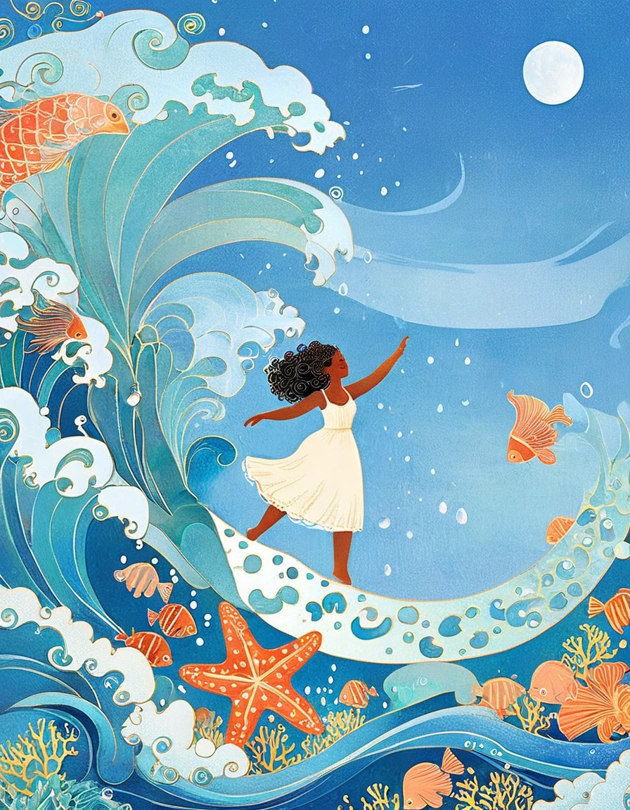 Digital Illustration Art, A comical illustration of a girl dancing with the waves with her extra long head adorned with blue waves, coral, starfish, jellyfish, small fish, (full body), her hair consists of many waves and small fishes, the background is the sea and the blue moon, (the background blends with the 's hair), surrounded by two sides, evokes the charm of the enchanting ocean, white background, Chinese calligraphy oooh and ahhh, lively Ferdinand du Puigaudeau, Victor nizovtsev, shimmering, reflective, optimal digital, 8K, high definition, high resolution, double exposure, beautiful digital illustration, Eyvind Earle style, fine details,in style of Paul Signac, beautiful details