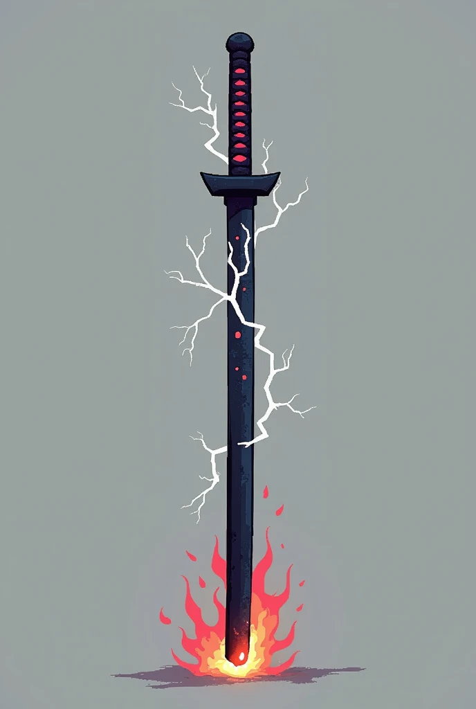 create a one black katana that has a same 2d graphics of ninja saga plain background with horizontal position with black flames on blade and add some cracks on blade and add lightning