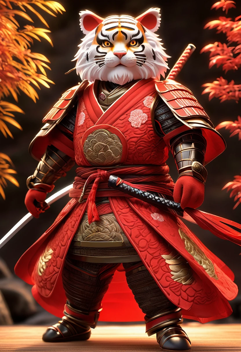Fluffy samurai in red armor, Tiger Face、Very detailed, Complexモチーフ, Organic mesh pattern, Perfect composition, Digital Painting, Art Station, Concept Art, Smooth, Sharp focus, figure, Carne Griffith, Pixar, I lost, Jean-Baptiste Monge, Shining aura Photo taken with Nikon D750, Complex, elegant, Digital figure
