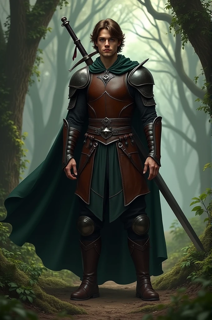 Young Caucasian man, medium length brown hair, Brown leather armor with black details, Dark green cape covering half the torso, long sword on his back, serious facial expression, dark forest landscape, fantasy place.