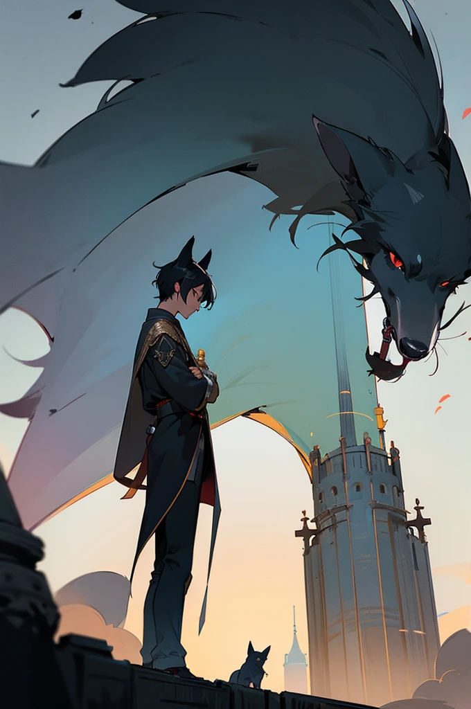 Male, Young adult, Black Hair, Tower Background, Dog tail
