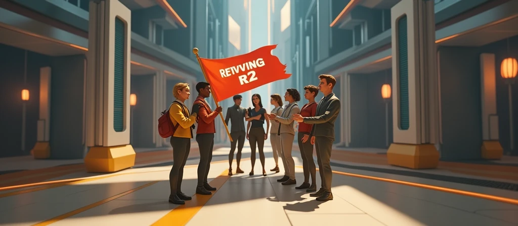 Place characters like this holding a flag that says REVIVING R2 