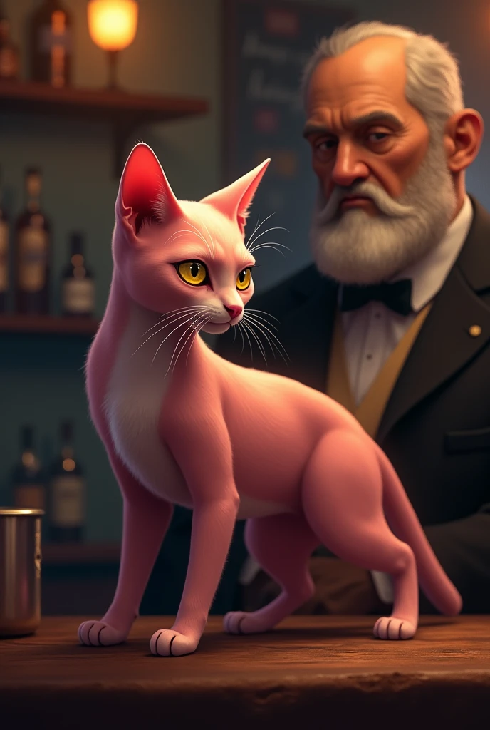 Cat with golden eyes pink colour ask The owner of bar ( male in black clothes and white beard) for job