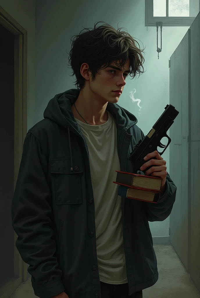 A teenager boy holding cigarette,gun and books looking confused