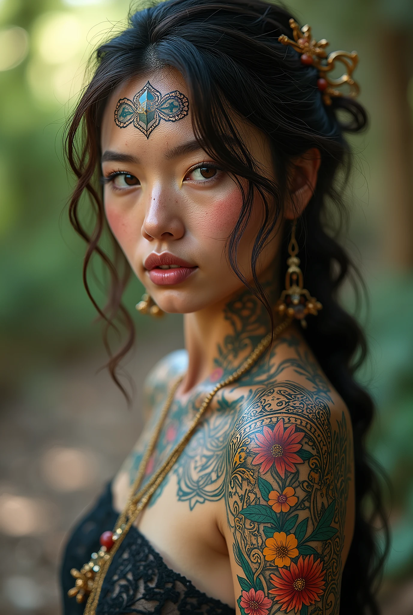 A beautiful woman covered head to toe in colorful tattoos, full body shot, illustration style by Klimt and Miro, 3/4 front view looking at the viewer from an angle, Celtic motifs, ultra hd, realistic, vivid colors, highly detailed, UHD photo, pen and ink, perfect composition, beautiful detailed intricate insanely detailed octane render trending on artstation, 8k artistic photography, photo-realistic concept art, soft natural volumetric cinematic perfect light, full-length full body picture