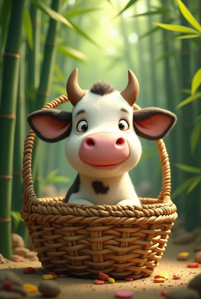 A cow inside a woven basket, In the background you can see bamboos, animated type 