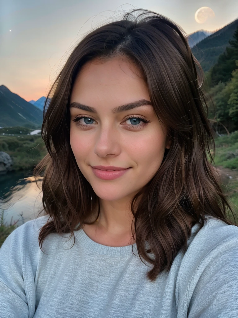 Selfie shot Beautiful brunette with blonde highlights wearing a selfie photo, upper body, solo, wearing pullover, outdoors, (night), mountains, real life nature, stars, moon, highly detailed, 2, , , innocent face, natural wavy hair, blue eyes, high resolution, Masterpiece, Best quality, Intricate high detail, Highly detailed, Sharp focus, Detailed skin, realistic skin texture, texture, detailed eyes, professional, 4k, charming smile, shot on Canon, 85mm, shallow depth of field, Kodak Vision Color, Perfect Fit Body , extremely detailed, photography_\(ultra\), Photorealistic, Realistic, Post-processing, maximum details, roughness, real life, ultra realistic, Photorealism, photography, 8k UHD, photography, busty