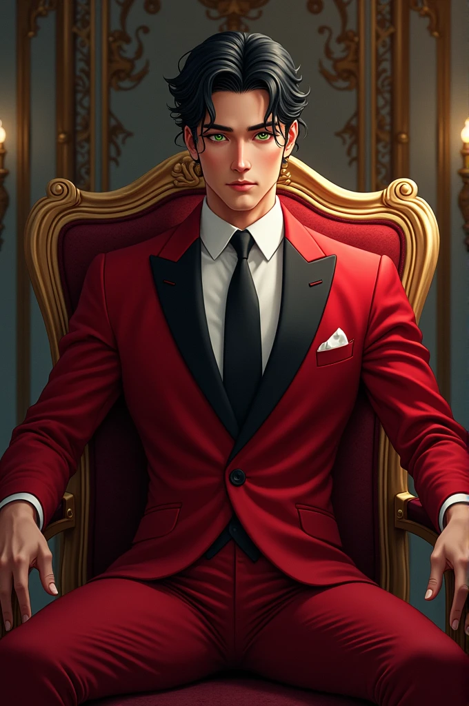 (Manhwa:3.2) Black Hair, Green Eyes, Handsome Face Red Suit, Black Tie, Royal Room Background, Sitting in a chair,