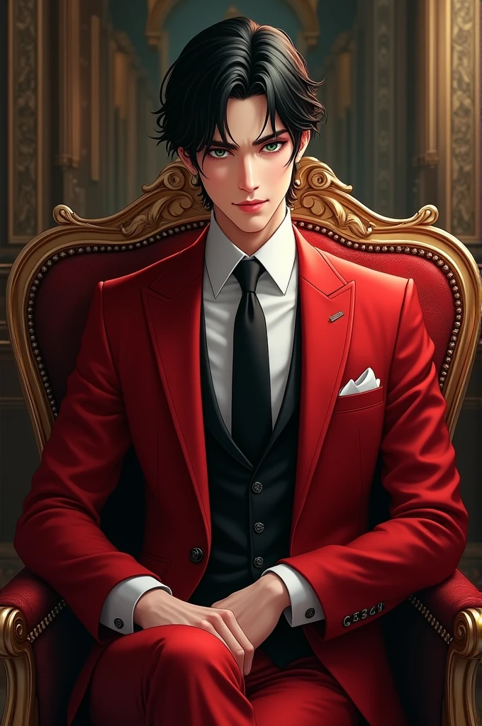 (Manhwa:3.2) Black Hair, Green Eyes, Handsome Face Red Suit, Black Tie, Royal Room Background, Sitting in a chair,
