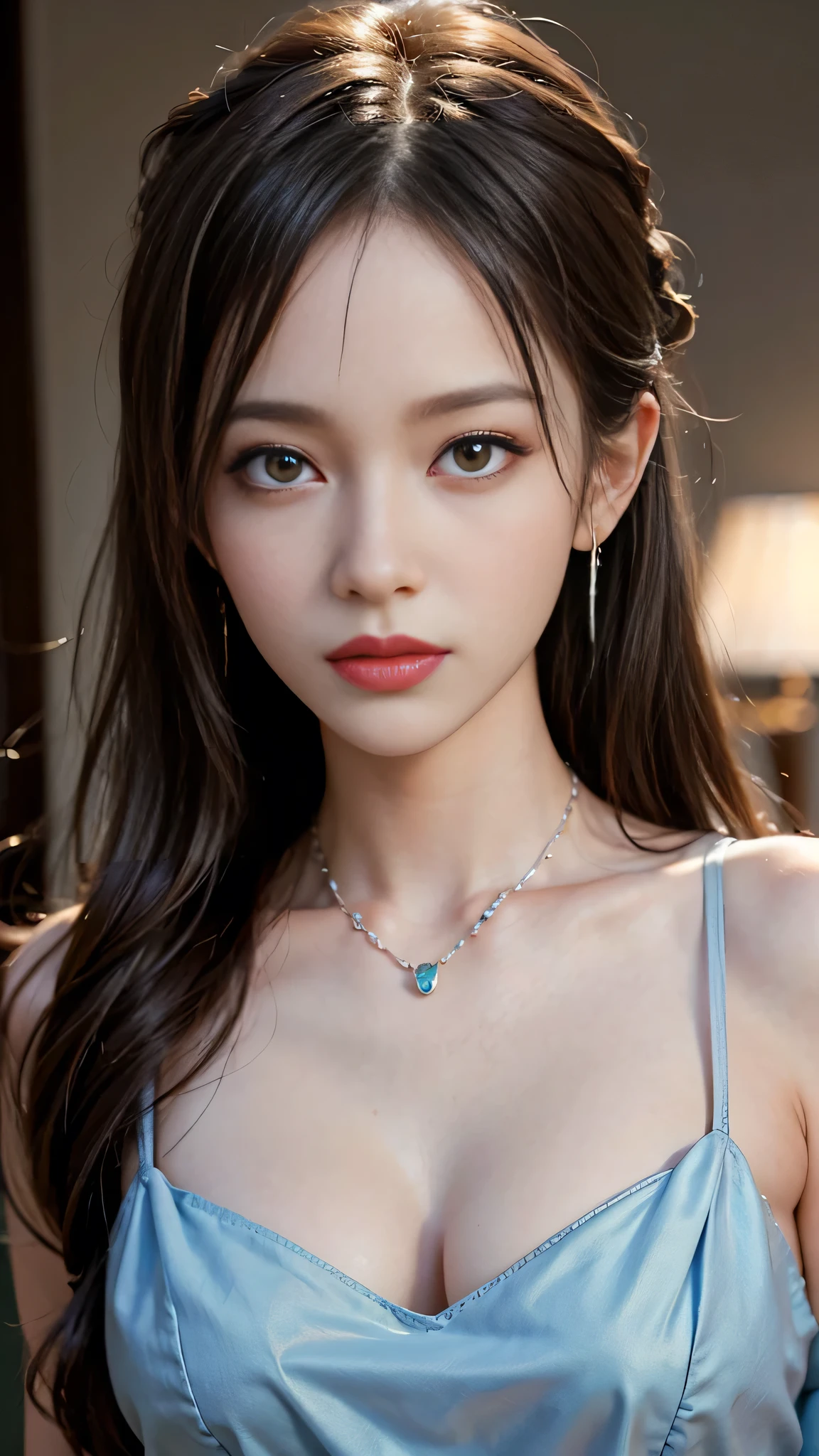 ((masterpiece:1.4)、(Highest quality:1.4)、(Realistic:1.7))、Masterpiece:1.4、Pretty Girl 0.3、(1:1.4)、cute、(Portrait Photography:1.4)、(Close-up photo:1.7)、(An outfit that emphasizes beautiful breasts:1.4)、Sharp focus:1.5、Detailed eyes、double eyelid、{Long Hair}、Beautiful woman with perfect figure:1.4、Perfect proportions:1.4、(Anatomically correct body shape:1.4)、well-proportioned and beautiful udder:1.2、Upper body photo shoot:1.2、Beautiful expression、Resistance、Dark Background、ponytail、Nikon SLR D6、Natural light、Lighting technology that creates beautiful expressions、Ideal lighting、RAW Photos、Red lips、Beautiful face with long face、choker:1.4、necklace:1.4、Earrings:1.4、1 Screen Display