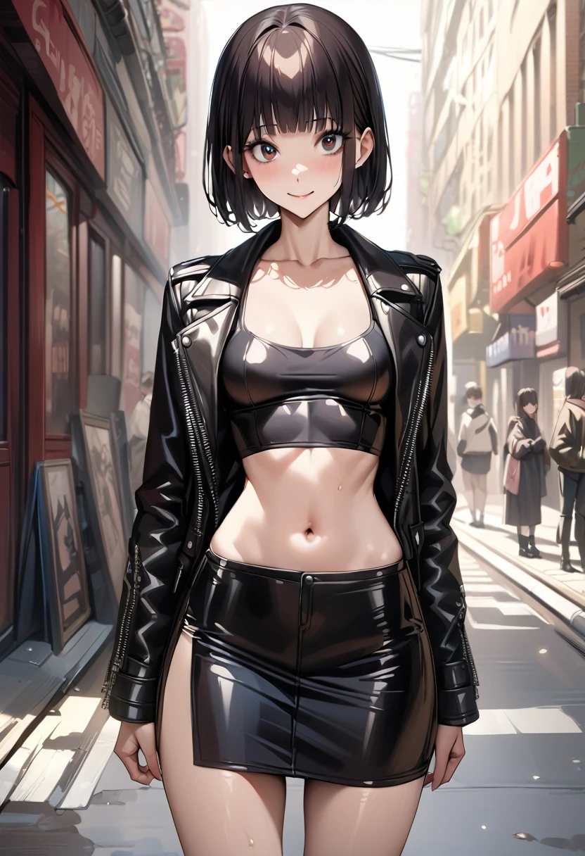 ((masterpiece,best quality anime,Highest quality:1.3)),realistic,cowboy shot,1woman,(30 year old beauty),((very small head:1.4)),((very long body:1.4)),(short bob hair),black hair,(gorgeous big eyes),black eyes,smile,((slender body:1.4,skinny:1.3)),medium breasts(Punk Fashion、Black leather rider jacket,navel、Black leather mini skirt),Tank top、oily skin,gleaming skin,shiny skin,standing,on street,New York City、