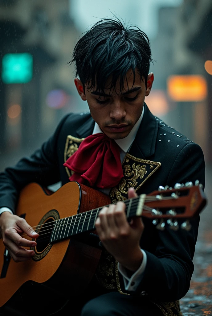 A mariachi dressed in black and red playing the guitar and very sad in the rain, a little younger and getting wet in the rain