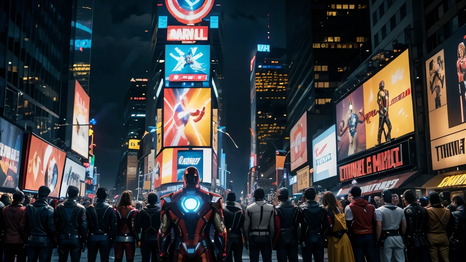 A group of Marvel superhero characters, including Iron Man, Captain America, Thor, and others, standing in Times Square saluting and looking intently at a large screen, high-quality 8k, realistic, cinematic lighting, dynamic action pose, urban city environment, neon lights, photorealistic, masterpiece