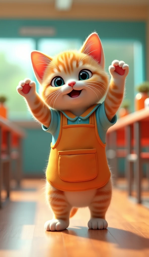 School lunch attendant kitten upright dance 3d