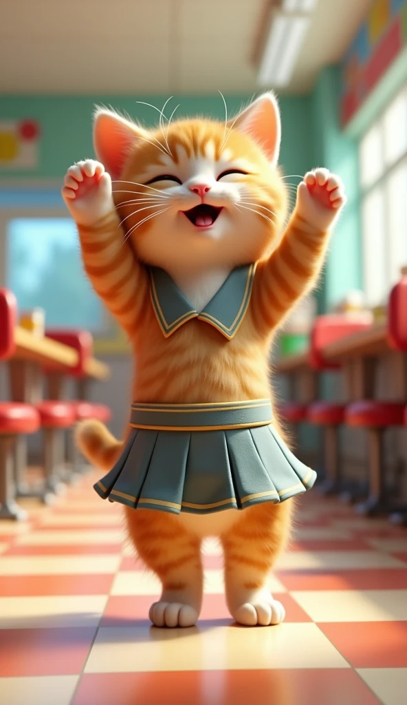 School lunch attendant kitten upright dance 3d