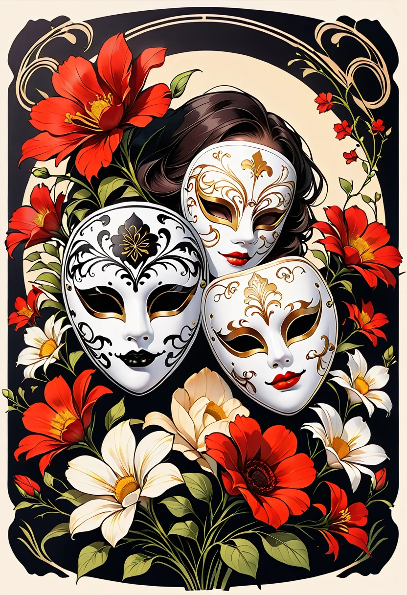black lines outline,Retro,LOGO design,illustrator,Masks full of flowers