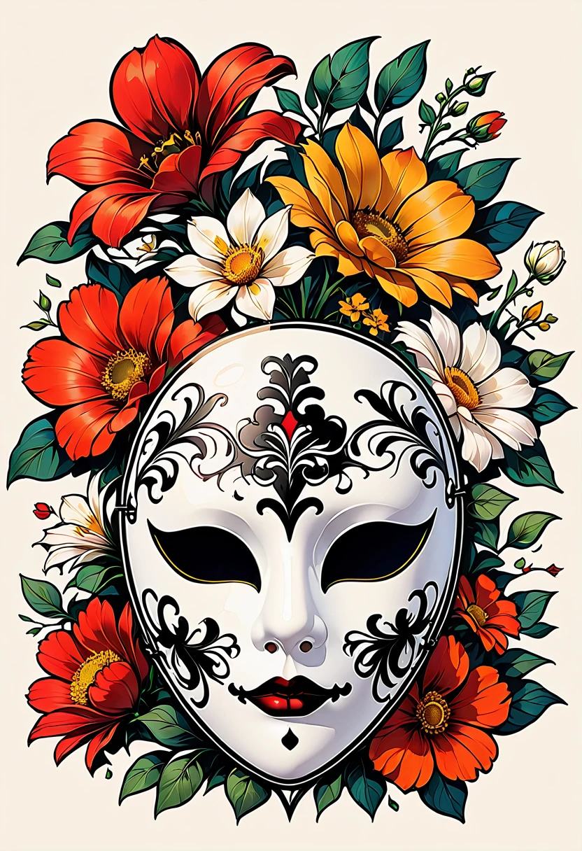 black lines outline，Retro，LOGO design，illustrator，Masks full of flowers