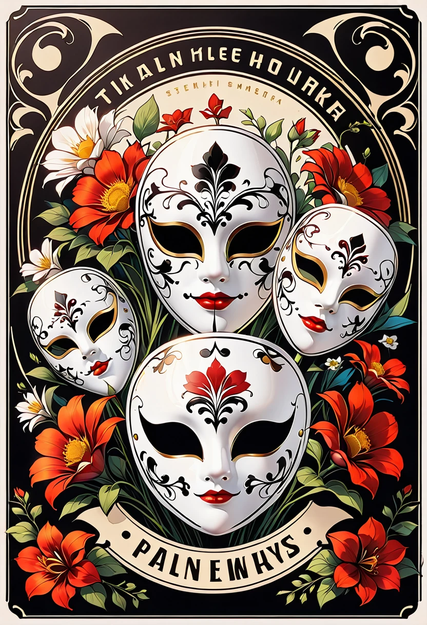 black lines outline,Retro,LOGO design,illustrator,Masks full of flowers