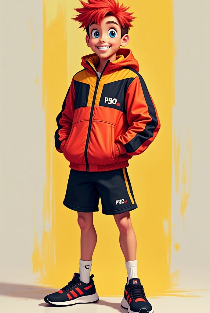 A young athlete of around 1.80m with an athletic physique and confident posture. He has short, frizzy hair in vibrant red tones, large blue eyes, and striking features with a wide smile. He wears sportswear in red, yellow and black, with logo-filled running jackets and modern sneakers. His personality is charismatic and competitive, but with a touch of humility and team spirit.