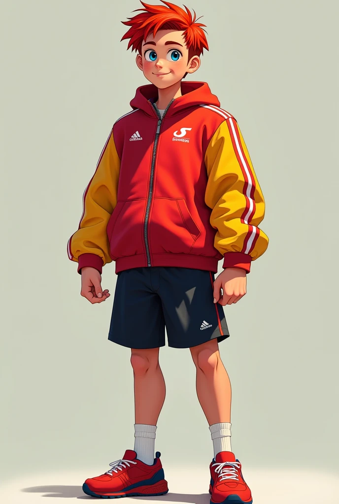 A young athlete of around 1.80m with an athletic physique and confident posture. He has short, frizzy hair in vibrant red tones, large blue eyes, and striking features with a wide smile. He wears sportswear in red, yellow and black, with logo-filled running jackets and modern sneakers. His personality is charismatic and competitive, but with a touch of humility and team spirit.