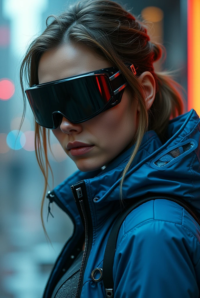 realistic woman with futuristic with blue jacket and black cyberpunk visor with futuristic design