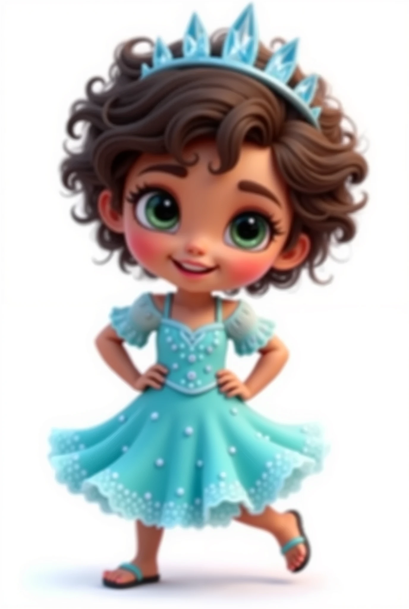 Create a high-quality, high-definition (HD) kawaii-style image with vivid colors and sharp lines. The image should include: A girl, standing with her hands on her waist, dancing with olive skin and dark brown hair with many curls and very short, at ear level, she wears an ice crown. leaf green eyes, happy and expressive. She is wearing a light blue dress with small sparkling stones, inspired by the character Elsa from the movie "Frozen". The girl is smiling and looking at the camera, she must appear full body with her hands on her waist.
The image must have a white rendered background.