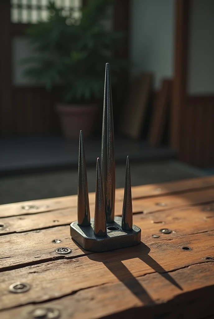 Three-pronged metal spikes on top of an anime-style wooden table