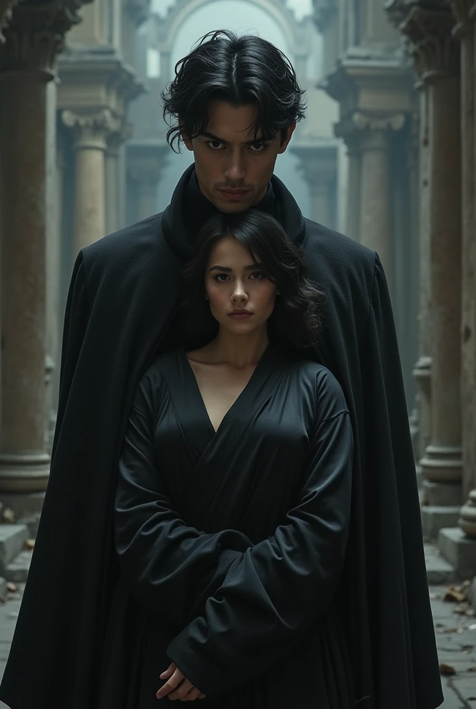 prince. He has a lost look, a sorrow hovers in his soul. She wears a black silk robe that falls over her chest. inside a desolate palace. His hair is black and his eyes look with rage and desire. aligned eyebrows, straight jaw,